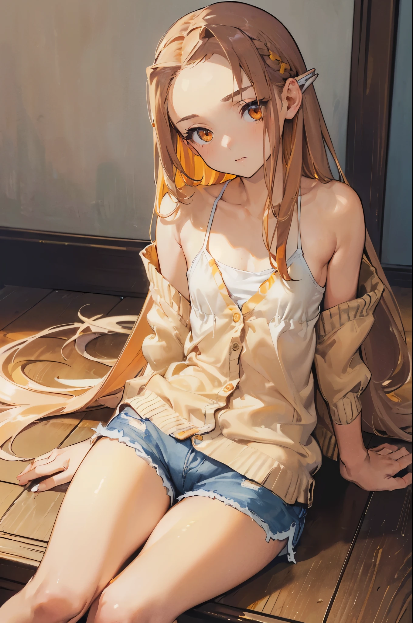 masterpiece, ultra detailed, 8k portrait, RAW photo, portrait photography, Highly detailed face, beautiful and meticulous eyes, (amber color eyes:1.5), , (tilt one's head:1.5), (sitting:1.5), indoor, (white thin camisole:1.5) and (Lowrise blue shorts:1.5), (navel:1.2), (ultra long hem white summer cardigan:1.5), cute girl, long hair, (custard colored hair:1.5), (shoulder length hair:1.5), (forehead:1.5), (one side double hairpin), (sleepy face:1.0), young girl, 1girl, beauty girl, pretty girl, 159cm, 41kg, skinny:1.5, flat chest:1.5,