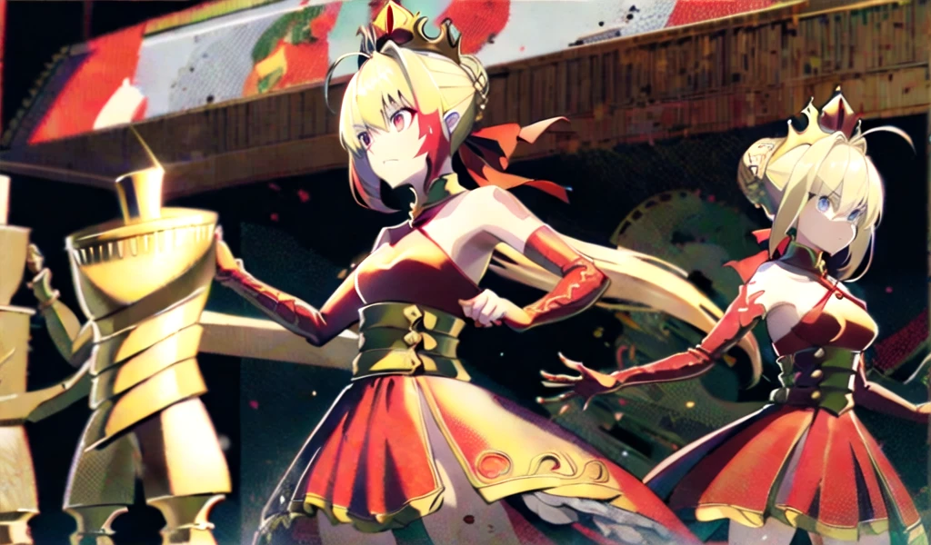 Blond-haired, red-eyed, flat-chested girl，crown，red dress，red dragon scales，Dragon tail，Standing