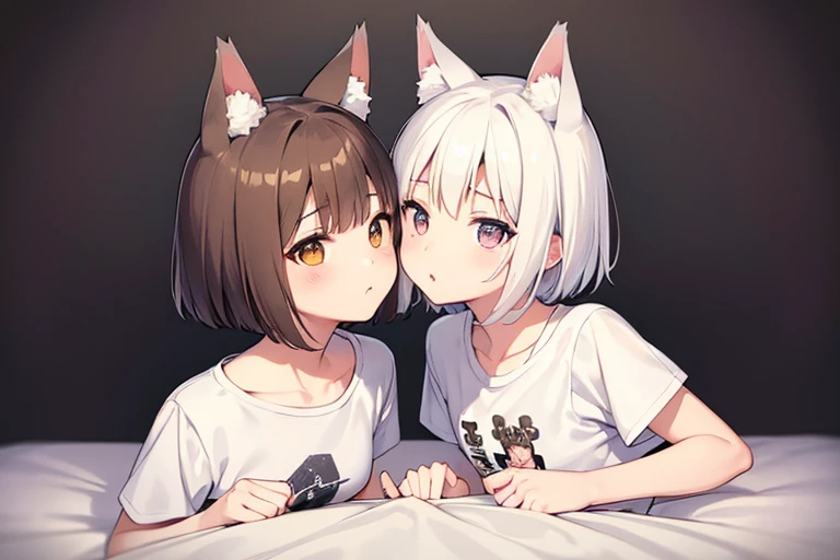 NSFW　Printed Polaroid Photo\(2females および2人の女の子 cute,cute　Five fingers　Five fingers　Small wolf ears　Small wolf ears　White Shorthair　Brown short hair　Petite　 Petite　Normal chest　Normal chest　first round　T-Shirts　T-Shirts　Background on the bed　Kiss　2girls