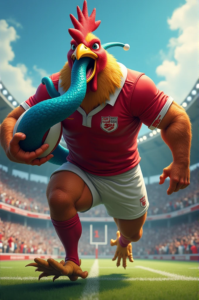 Mascular rooster dressed up in a red uniform grabbing an aquatic blue eel on its head while scoring a try in a rugby stadium.