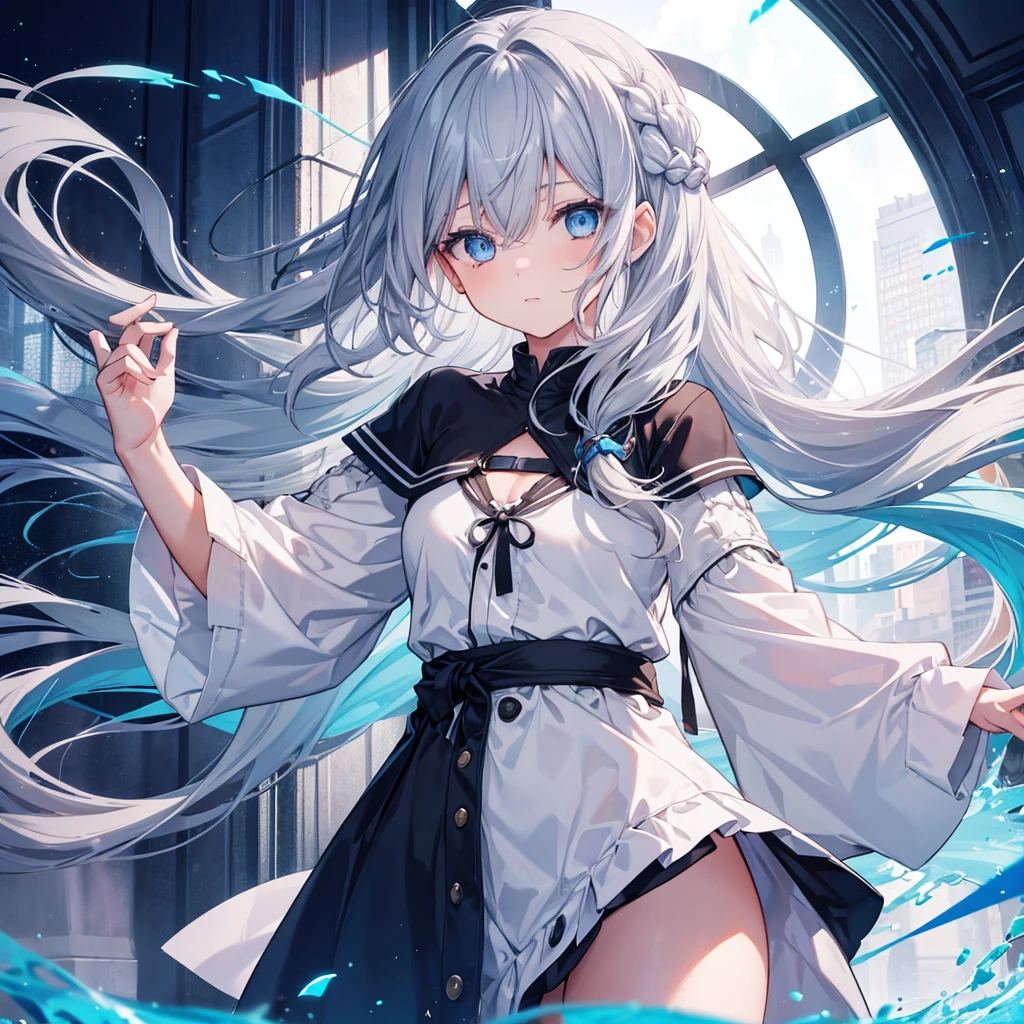 One girl, solo, Long Hair, Bangs between the eyes, , blue eyes, Braid, Gray Hair, Dutch Angle, Anime Style, Digital Art,