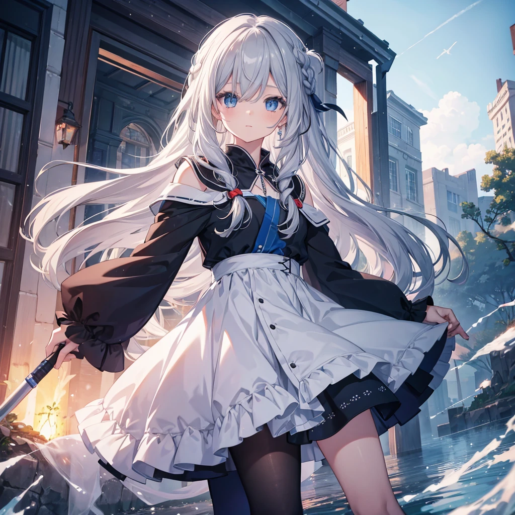 One girl, solo, Long Hair, Bangs between the eyes, , blue eyes, Braid, Gray Hair, Dutch Angle, Anime Style, Digital Art,