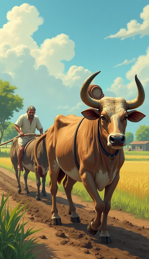 Here are the 15 parts of the story described in English. You can use these as separate prompts:
1. **First Scene:** Kishan is seen plowing his small field with his old ox, displaying determination and hard work on his face.
2. **Second Scene:** Kishan is sowing seeds into the soil, with a hopeful expression in his eyes.
3. **Third Scene:** Dark clouds are gathering in the sky, indicating a lack of rain and an impending drought.
4. **Fourth Scene:** Kishan is standing in his dry field, looking worried as the crops have withered due to insufficient rain.
5. **Fifth Scene:** Kishan is at home, sitting with a concerned and despondent expression, realizing his crops have failed.
6. **Sixth Scene:** Kishan’s ox has fallen ill, and he is sitting beside the animal with a sorrowful look on his face.
7. **Seventh Scene:** Kishan is in the market, selling his household items to afford treatment for his sick ox.
8. **Eighth Scene:** A veterinarian is attempting to treat the ox, with Kishan anxiously watching the process.
9. **Ninth Scene:** Kishan is mourning beside his ox, which has died despite his efforts to save it.
10. **Tenth Scene:** Villagers gather around Kishan, offering him seeds and a new ox, showing their support and solidarity.
11. **Eleventh Scene:** Kishan gratefully accepts the villagers' help, showing deep gratitude.
12. **Twelfth Scene:** Kishan is back in the field, working with renewed hope and determination.
13. **Thirteenth Scene:** Healthy crops are growing in the field, indicating Kishan's hard work is finally paying off.
14. **Fourteenth Scene:** Kishan is standing in front of his successful harvest, smiling with happiness and relief.
15. **Fifteenth Scene:** The villagers and Kishan are celebrating the bountiful harvest together, symbolizing unity and perseverance.
These prompts can be used to create 15 individual images that together tell the entire story.