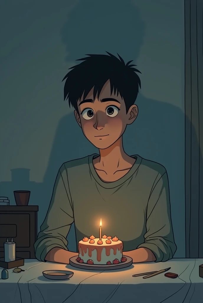 A sad animated drawing of a young man celebrating birthday abread alone but while being in a video call with his mom and dad.
