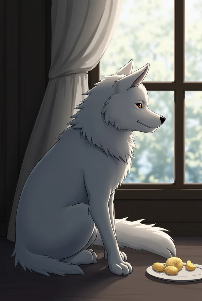 Kemono wolf, solo, sitting, eat food, bright light,