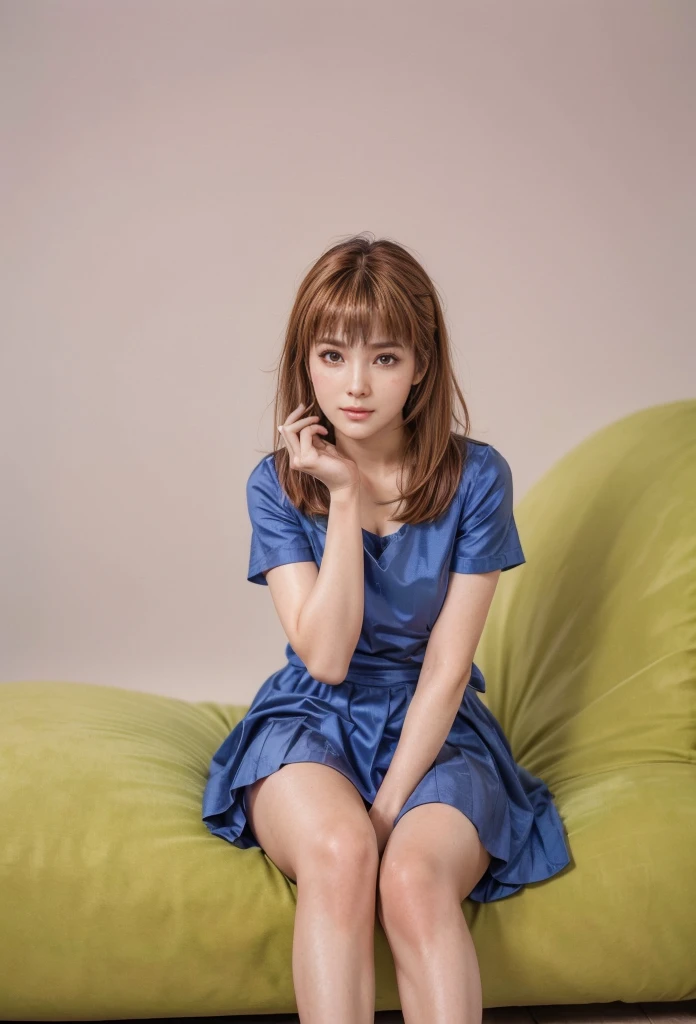 kasumi, eyes browns, (best qualityer, ultra detail), (realisitic:1.37), beautiful and detailed face, ultra-realisitic texture, Exquisite face, Delicate body, red lipgloss stick, shiny colors. High definition, 8k, expression a slight cute smile