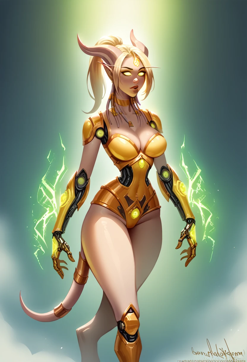 A hybrid draenei bloodelf woman with long pointy ears and draenei horns, large breasts, long tail, narrow waist, wide hips, cyborg body part with liquid armor, glowing gold eyes, gold tinted skin, gold hair, facial tattoos, gold necklace and pendant, gold choker, gold tiara, long high ponytail hair, cyborg arms and chest, draenei jewelry over the body, sci-fi, intricate details, hyper realistic, cinematic lighting, dark fantasy, chiaroscuro,volumetric lighting,glowing energy,photorealistic,8k,best quality,masterpiece, very detailed face, long legs