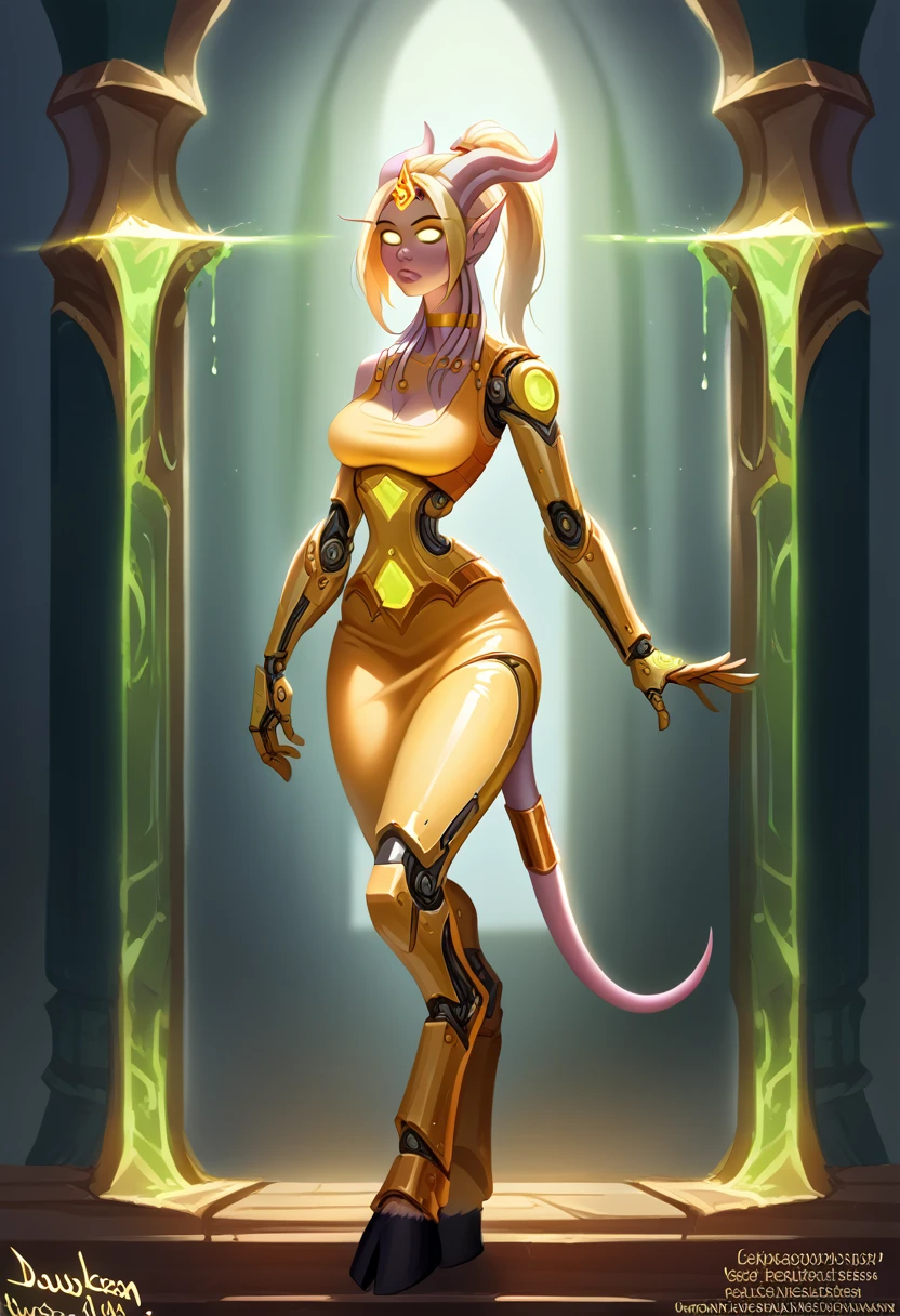 A hybrid draenei bloodelf woman with long pointy ears and draenei horns, large breasts, long tail, narrow waist, wide hips, cyborg body part with liquid armor, glowing gold eyes, gold tinted skin, gold hair, facial tattoos, gold necklace and pendant, gold choker, gold tiara, long high ponytail hair, cyborg arms and chest, draenei jewelry over the body, sci-fi, intricate details, hyper realistic, cinematic lighting, dark fantasy, chiaroscuro,volumetric lighting,glowing energy,photorealistic,8k,best quality,masterpiece, very detailed face, long legs