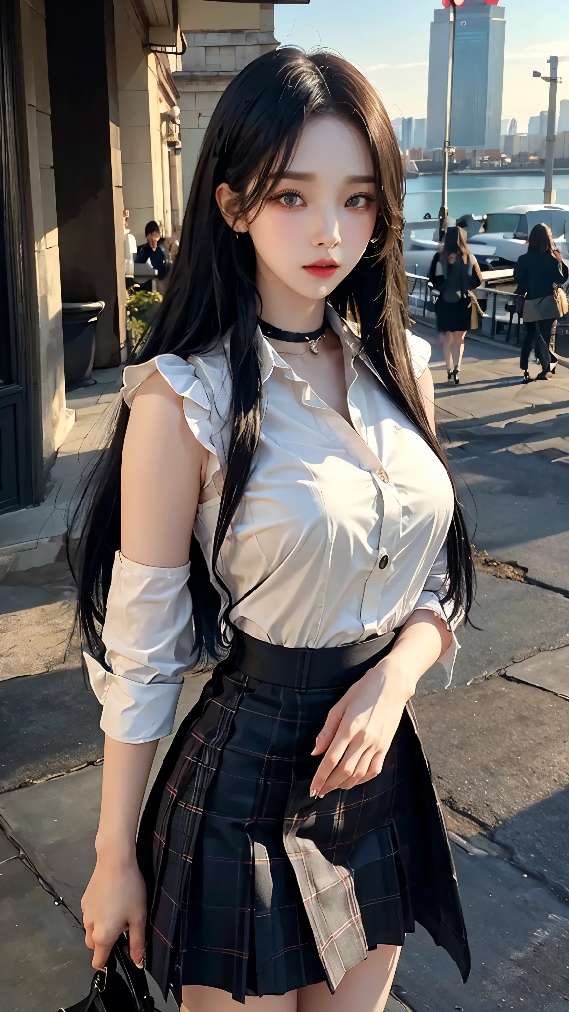 Photorealistic, high resolution, 1womanl, Solo, Hips up, view the viewer, (Detailed face), Blue hair, Long hair, Wear only a long shirt,blue-shirt
