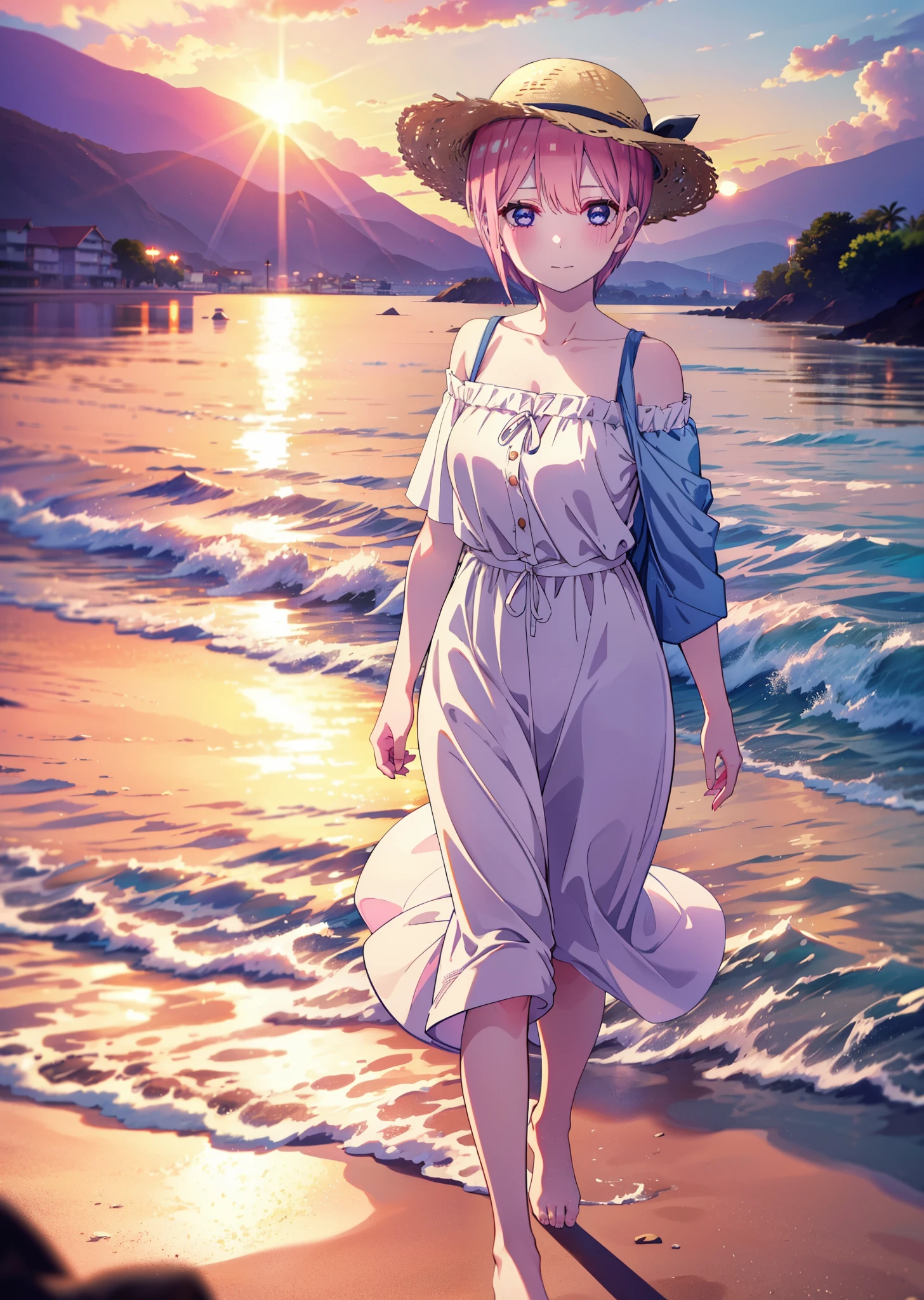 ichikanakano, Nakano Ichika, short hair, bangs, blue eyes, Hair between the eyes, Pink Hair, smile,blush,Open your mouth,Straw hat,White off-shoulder dress,Short sleeve,Long skirt,barefoot,Walking,sunset,evening,The sun is setting,Strolling on the sandy beach,
break outdoors, Beach,
break looking at viewer, whole body,
break (masterpiece:1.2), Highest quality, High resolution, unity 8k wallpaper, (figure:0.8), (Beautiful attention to detail:1.6), Highly detailed face, Perfect lighting, Highly detailed CG, (Perfect hands, Perfect Anatomy),