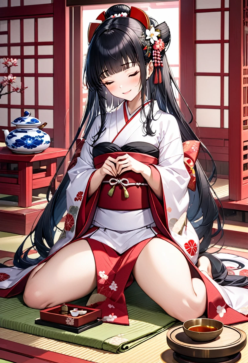 (japanese tea ceremony style) (Seiza tea ceremony), (With both hands holding a detailed biggest japanese Traditional ceramic tea cups) (solo:2, 15 yo) (beautiful detailed blunt bangs:1.3) (beautiful pastelcolor black hair very long hair) (immensely sexy shrine girl) (immensely sexy closed eyes) (lovely smile) , in a detailed shrine maiden kimono, break, in the japanese style room, BREAK, perfect anatomy, masterpiece, best quality, 16k, beautiful detailed grow, daydreaming expression.