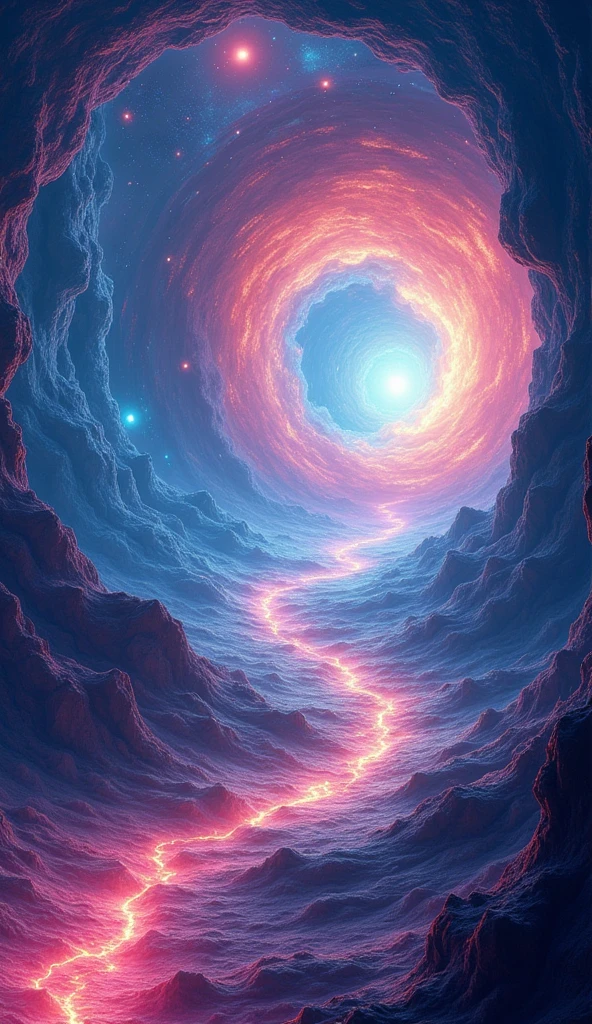 "Create a futuristic and ethereal scene representing a journey through time. Include elements like swirling galaxies, time portals, and abstract, glowing pathways. Use vibrant colors and dynamic lighting to evoke a sense of motion and the infinite nature of time."