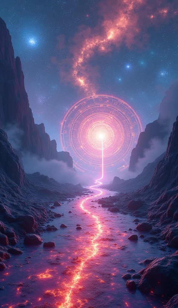 "Create a futuristic and ethereal scene representing a journey through time. Include elements like swirling galaxies, time portals, and abstract, glowing pathways. Use vibrant colors and dynamic lighting to evoke a sense of motion and the infinite nature of time."
