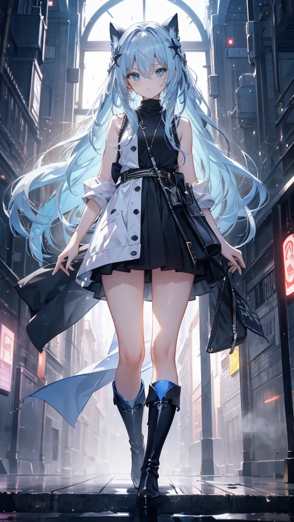 long hair,thin,,Clarity,high-definition,big eyes,Blue Eyes,Facing the audience,beauty,Extremely high image quality,超Clarity的画面,modern style,Over-the-knee boots,Sleeveless sweater