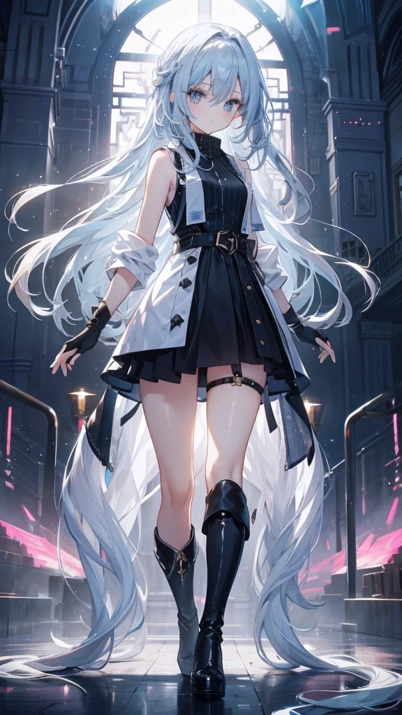 long hair，thin，，Clarity，high-definition，big eyes，Blue Eyes，Facing the audience，beauty，Extremely high image quality，超Clarity的画面，modern style，Over-the-knee boots，Sleeveless sweater