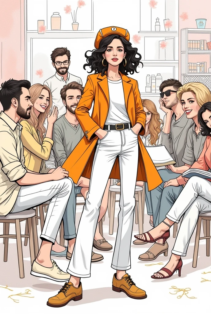 make a face only drawing that shows socializing with different people and listening to music read books also a party girl who loves shopping bags and clothes