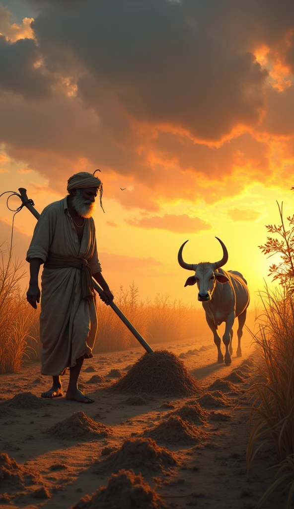 Here are the 15 parts of the story described in English. You can use these as separate prompts:

1. **First Scene:** Kishan is seen plowing his small field with his old ox, displaying determination and hard work on his face.

2. **Second Scene:** Kishan is sowing seeds into the soil, with a hopeful expression in his eyes.

3. **Third Scene:** Dark clouds are gathering in the sky, indicating a lack of rain and an impending drought.

4. **Fourth Scene:** Kishan is standing in his dry field, looking worried as the crops have withered due to insufficient rain.

5. **Fifth Scene:** Kishan is at home, sitting with a concerned and despondent expression, realizing his crops have failed.

6. **Sixth Scene:** Kishan’s ox has fallen ill, and he is sitting beside the animal with a sorrowful look on his face.

7. **Seventh Scene:** Kishan is in the market, selling his household items to afford treatment for his sick ox.

8. **Eighth Scene:** A veterinarian is attempting to treat the ox, with Kishan anxiously watching the process.

9. **Ninth Scene:** Kishan is mourning beside his ox, which has died despite his efforts to save it.

10. **Tenth Scene:** Villagers gather around Kishan, offering him seeds and a new ox, showing their support and solidarity.

11. **Eleventh Scene:** Kishan gratefully accepts the villagers' help, showing deep gratitude.

12. **Twelfth Scene:** Kishan is back in the field, working with renewed hope and determination.

13. **Thirteenth Scene:** Healthy crops are growing in the field, indicating Kishan's hard work is finally paying off.

14. **Fourteenth Scene:** Kishan is standing in front of his successful harvest, smiling with happiness and relief.

15. **Fifteenth Scene:** The villagers and Kishan are celebrating the bountiful harvest together, symbolizing unity and perseverance.

These prompts can be used to create 15 individual images that together tell the entire story.