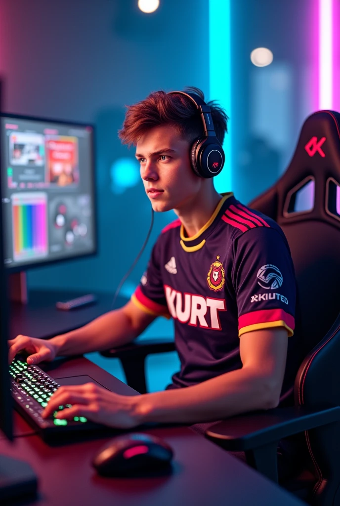 A young man gamer wearing esports jersy with a name of "KURT" at the back
