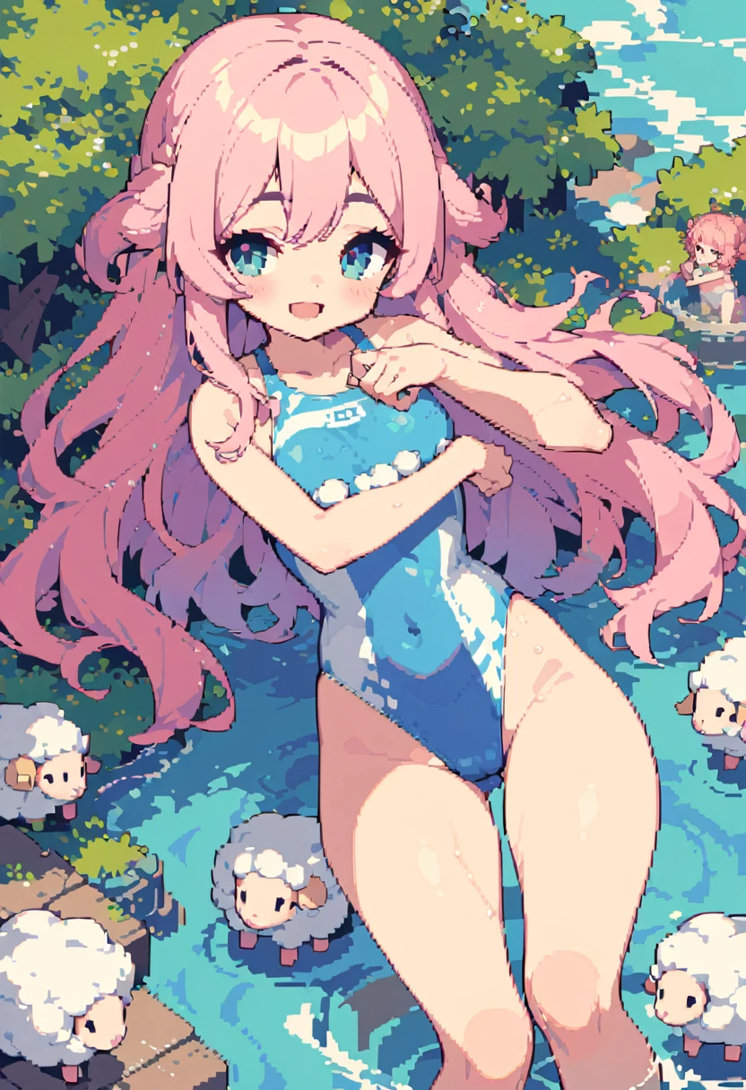 masterpiece, Highest quality, 8k, Pixel art, Pixel art, Vivid, Sheep, woman, 若いwoman, smile, cute, Directed at an angle, Open your mouth, Fluffy hair, Long Hair, Hair like sheep's hair, Pink Hair, eyebrow, 太いeyebrow, One piece swimsuit, Bathing