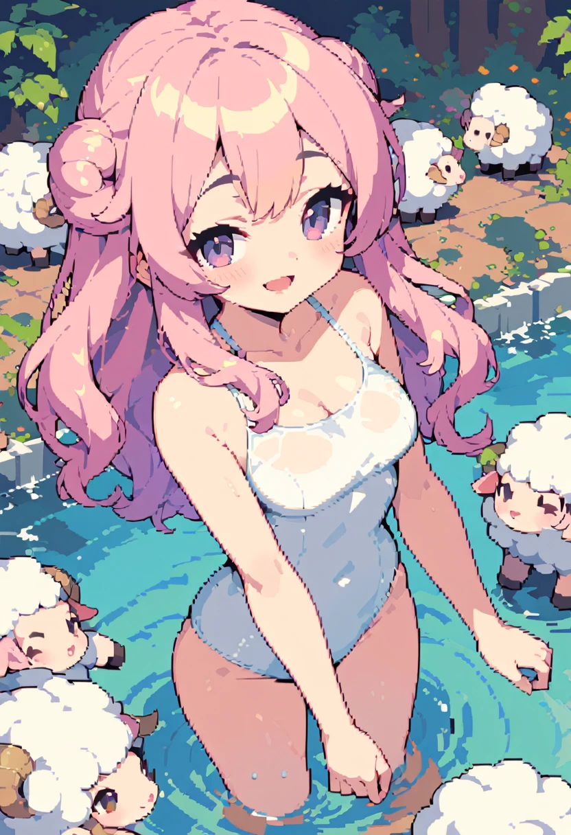 masterpiece, Highest quality, 8k, Pixel art, Pixel art, Vivid, Sheep, woman, 若いwoman, smile, cute, Directed at an angle, Open your mouth, Fluffy hair, Long Hair, Hair like sheep's hair, Pink Hair, eyebrow, 太いeyebrow, One piece swimsuit, Bathing