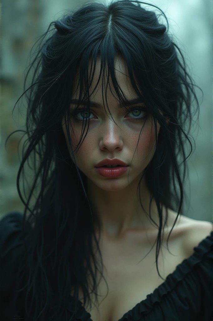 White beautiful woman with dishelved raven hair was making her look lost, pain struck, trapped and agonized but all of those pitiful expressions started to fade away when she tilted her head to left side and protruded her tongue out.