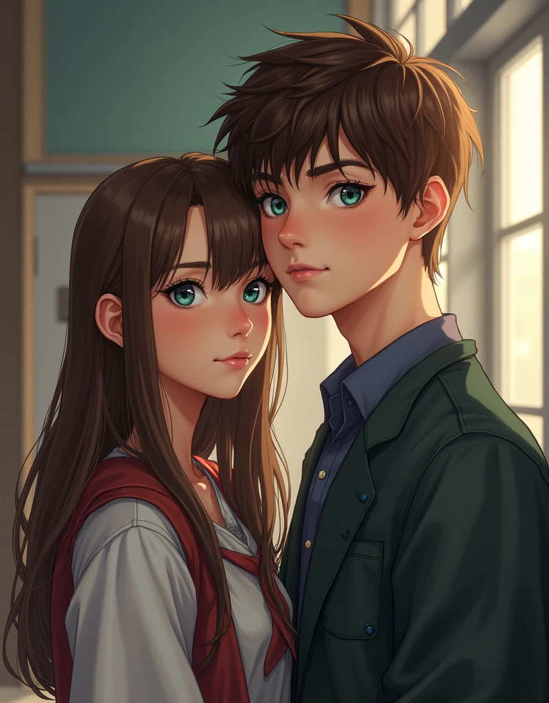 (masterpiece:1.5), (2people:1.4), (18 years old:1.3), [(1girl:1.3), (long straight brown hair:1.4), (teal eyes:1.3)], [(1guy:1.3), (short brown hair:1.4), (blue eyes:1.3), (strong:1.3)], (school background:1.5), (looking at viewer:1.2)