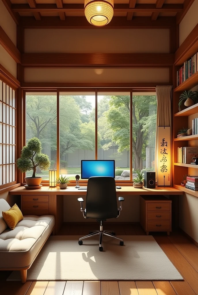 Create a YouTuber studio with a cozy and Japanese atmosphere. With a nice setup