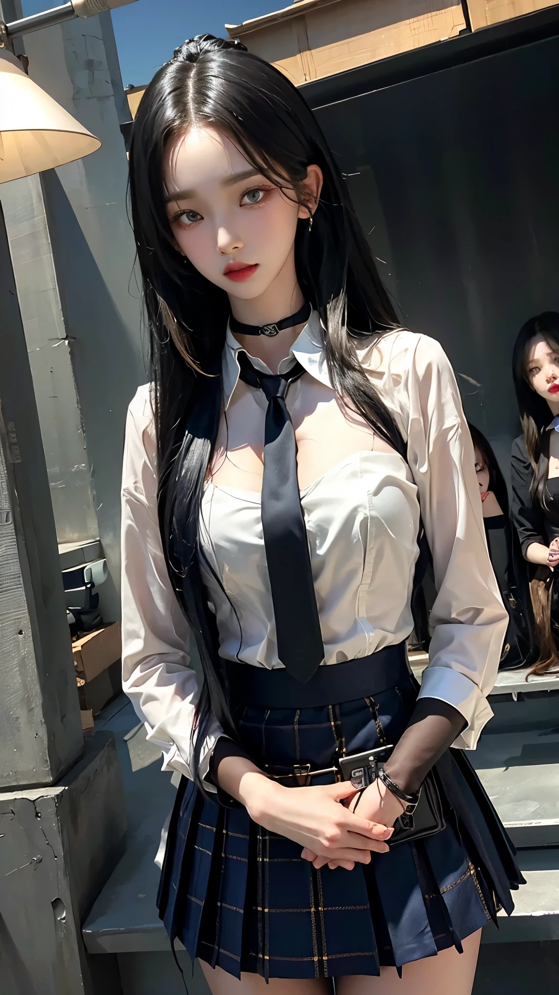 큰 chest, 젖어서 chest이 보이는 흰색 shirt, masterpiece, best quality, whole body, 1 woman, forehead, black choker, black necktie, blond hair, blue skirt, blush, bracelet, chest, choker, clothes approximately waist, clavicle, collared shirt, cowboy shot, dress shirt, ear piercing, eyebrows visible through hair, gradient hair, 이를 드러내고 laugh, fix, bijouterie, Kogal, long hair, looking at viewer, loose necktie, necktie, piercing, plaid, plaid skirt, pleated skirt, red eyes, ring, , shirt, skirt, laugh, alone, distance, sky, downtown city center,illustration, (Magazines:1.3), (sheathe-style:1.3), fashionable, female, vibrant, outfit, posing, front, fancy, dynamic, background, coercion, confidence, expression, possession, name, accessories, majestic, coil, approximately, touch, scene, texts, sheathe, brave, attracting attention, title, Refined, font, catchy, headline, bigger, striking, modern, Trend, Concentrate upon, fashion,