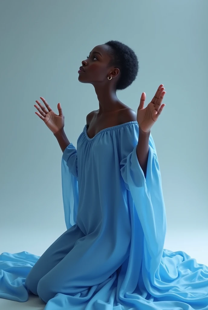30yrs age African fair lady wearing flay blue gown kneeling down with her hands raised up to the sky.
