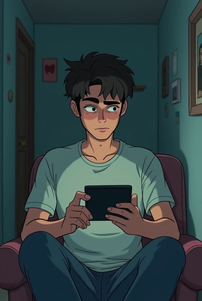 A sad animated drawing of a young man celebrating birthday abread alone but while being in a video call with his parents.