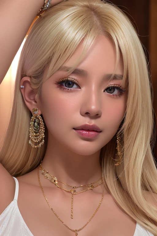 (Highest quality、4K、8k、High resolution、masterpiece:1.2)、Very detailed、(Genuine、Realistic、Realistic:1.3)、ear piercing、Belly button piercing、Japanese Gal、blonde、Gal Makeup、Gal Fashion、Gold bracelet、Gold Necklace、Flashy Nails、Selfie