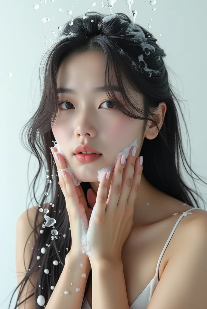 Create a head of an Asian beauty with long hair,Dress conservatively,Wash your hair with both hands,There's foam all over my head,The characters are realistic and realistic,Pure white background,Showing the character's hair,9:16 frames,Ultra-high-definition picture quality