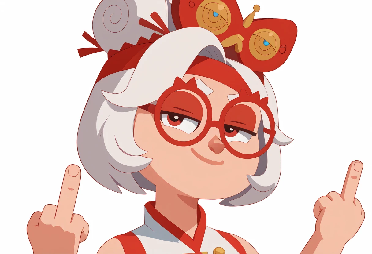 score_9, score_8_up, score_7_up, BREAK IncrsPersonaCutInXL,close-up, simple background,purah,hair ornament, red headband, red glasses, sleeveless shirt,smug,middle finger , Duolingo, girl,  (vector art:1)