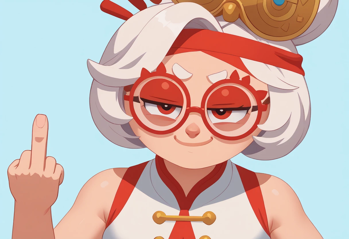 score_9, score_8_up, score_7_up, BREAK IncrsPersonaCutInXL,close-up, simple background,purah,hair ornament, red headband, red glasses, sleeveless shirt,smug,middle finger , Duolingo, girl,  (vector art:1)