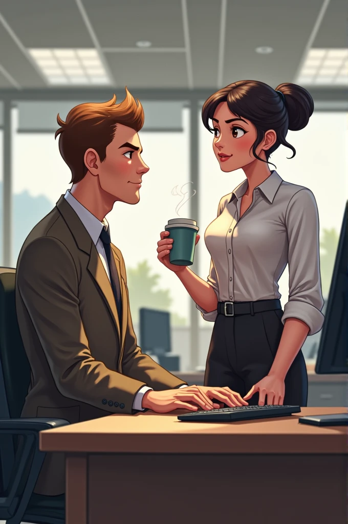 Visual: Two characters (Character A and Character B) are in a workplace setting. Character A is sitting at a desk, typing on a computer, while Character B stands nearby holding a coffee cup, looking over to Character A with a question in mind.
Text:
Character B (thinking): "I need to ask for help on this project."
Character B (aloud): "Hey, can you give me some advice on this task?"