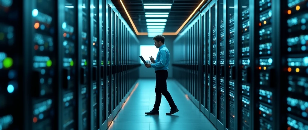Manager overseeing a server room, walking between rows of servers with a laptop in hand, checking off items on a checklist while troubleshooting hardware issues and discussing technical matters with employees, set in a high-tech server hub, conveying a sense of active oversight and problem-solving, with the room illuminated by the soft glow of server lights and screens, highlighting the manager’s engagement and the collaborative atmosphere