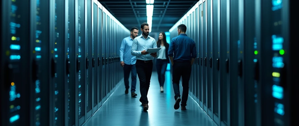 Manager overseeing a server room, walking between rows of servers with a laptop in hand, checking off items on a checklist while troubleshooting hardware issues and discussing technical matters with employees, set in a high-tech server hub, conveying a sense of active oversight and problem-solving, with the room illuminated by the soft glow of server lights and screens, highlighting the manager’s engagement and the collaborative atmosphere