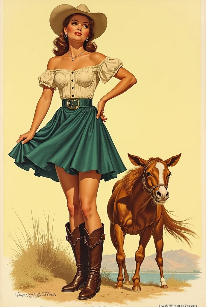 1950S NORMAN ROCKWELL COWGIRL PIN UP STYLE STANDING GRAPHIC ART AD STYLE SKETCH RODEO POSTER