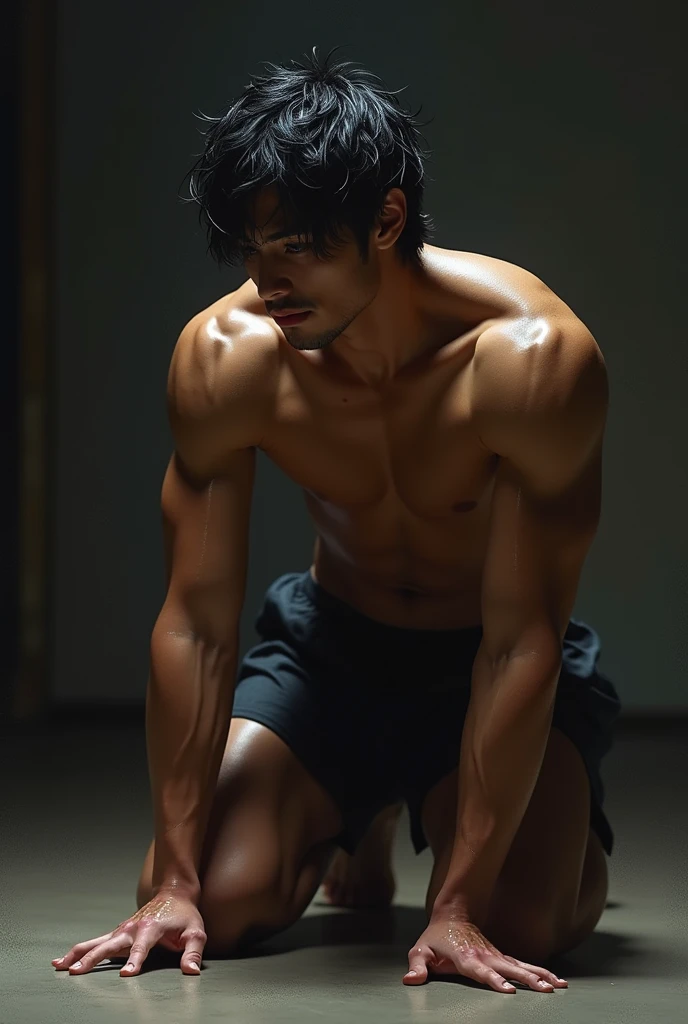 Sexy Japanese man on all fours sweating