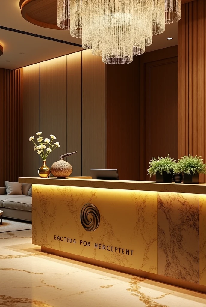 C The spa's reception room is spacious: Reception counter located in the central position, Decorated with crystal and toad statue.
Large wooden reception counter, Counter surface is veneered with yellow or brown marble.
Spa logo made of metal or mica, prominently placed on the counter.
Bronze or ceramic toad statue placed in the corner of the counter, Facing the main entrance.
Fresh flowers and small potted plants placed on the counter.
Chandelier with crystal hanging above the counter, create a luxurious highlight.
The sofa is placed near the door