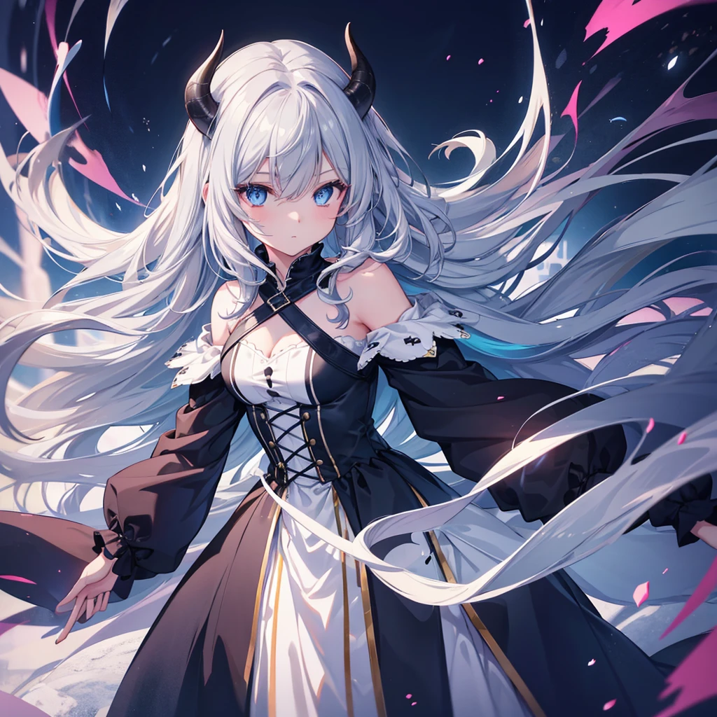 One girl, solo, Long Hair, Bangs between the eyes,  , blue eyes, Gray Hair, Dutch Angle, Anime Style, Digital Art, Demon King