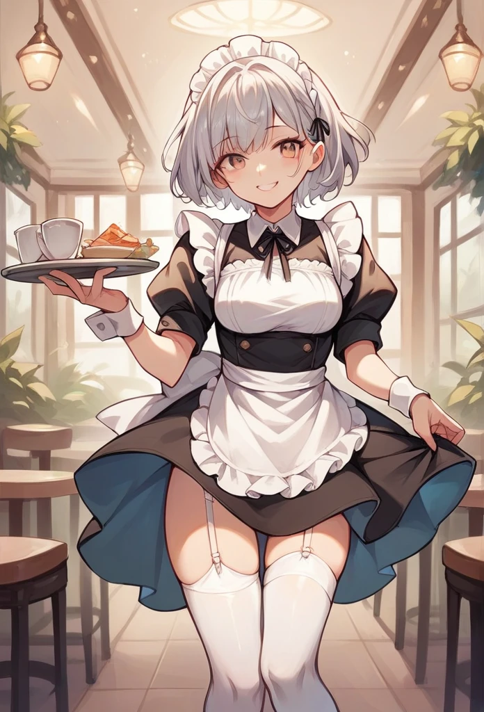 pretty girl,smile,Silver Hair,Short Hair,Maid clothes,White knee-high socks,White garter belt,pumps,Cafe,Hold the tray in your right hand,Pull up your skirt,