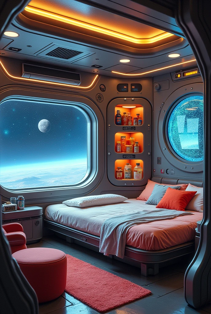 A room on a spaceship with amenities, beds, food storage, futuristic storage, and colorful decorations.