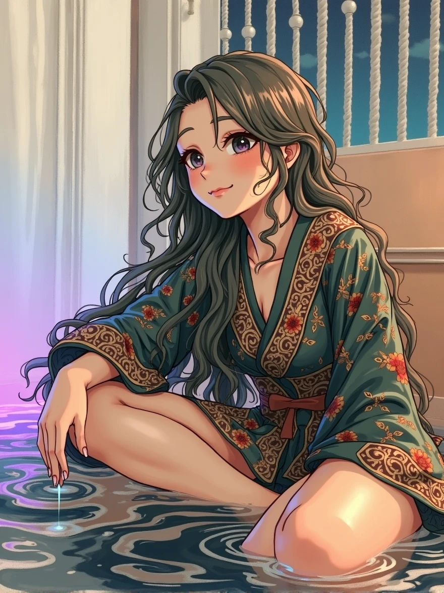 1 girl, feminine water spirit, water-dyed hair, spring water within, a few drops of water on the skin,