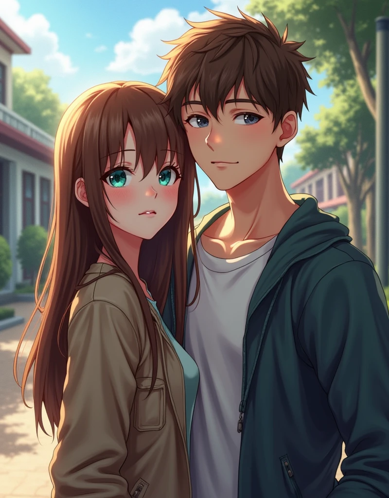 (masterpiece:1.5), (2people:1.4), (18 years old:1.3), [(1girl:1.3), (long straight brown hair:1.4), (teal eyes:1.3)], [(1guy:1.3), (short brown hair:1.4), (blue eyes:1.3), (muscular:1.3)], (school background:1.5), (looking at viewer:1.2)