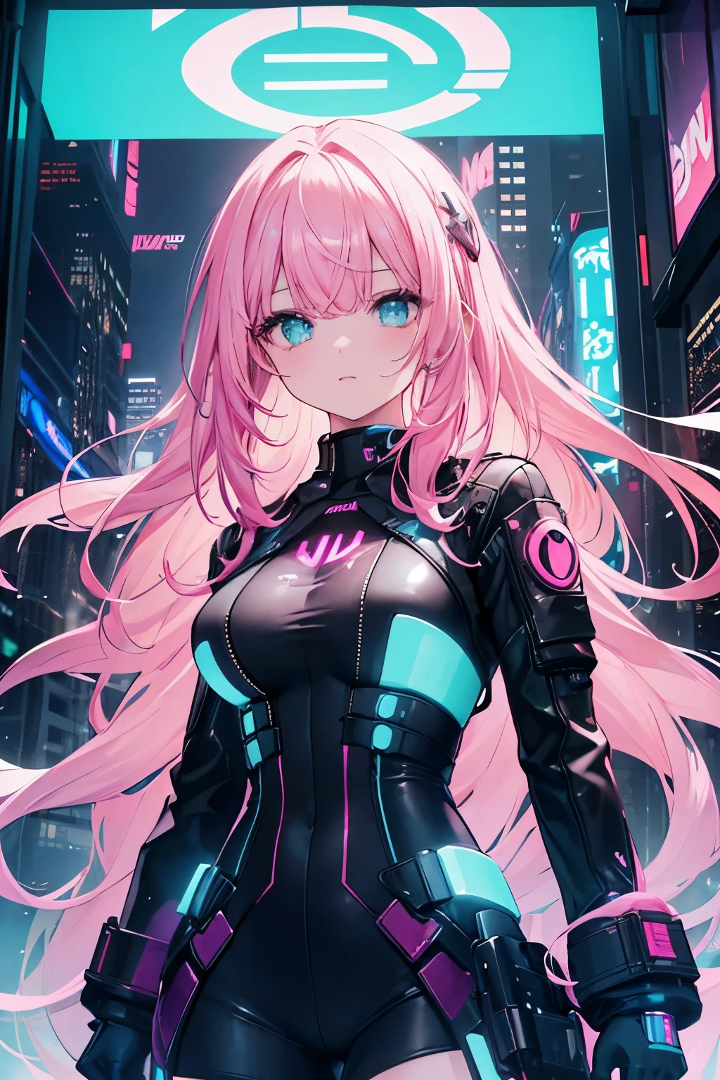 ((Highest quality)), ((masterpiece)), (detailed), whole body,Character portrait,Perfect Face, Beautiful woman with long pink hair and sky blue reflection, She has tufted bangs, She has green eyes in a cyberpunk city with sky blue lights, She was dressed in all black、It has neon pink lights, High resolution,
