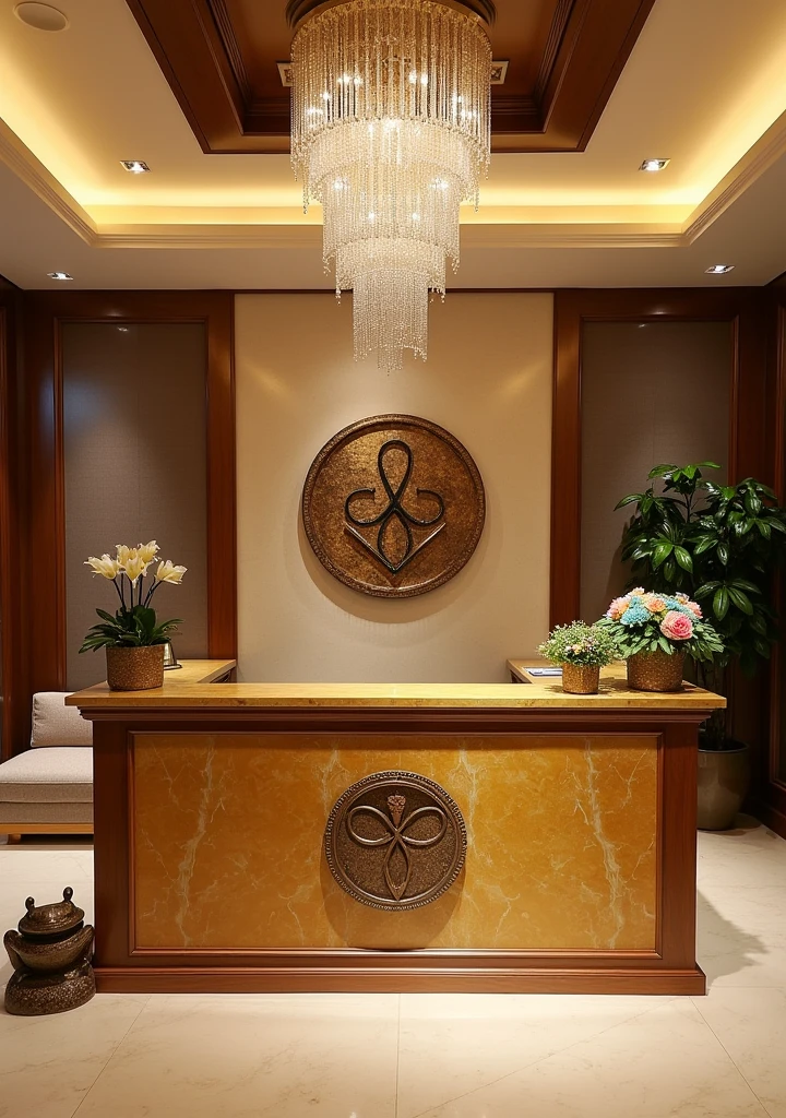 C The spa's reception room is spacious: Reception counter located in the central position, Decorated with crystal and toad statue.
Large wooden reception counter, Counter surface is veneered with yellow or brown marble.
Spa logo made of metal or mica, prominently placed on the counter.
Bronze or ceramic toad statue placed in the corner of the counter, Facing the main entrance.
Fresh flowers and small potted plants placed on the counter.
Chandelier with crystal hanging above the counter, create a luxurious highlight.
The sofa is placed near the door