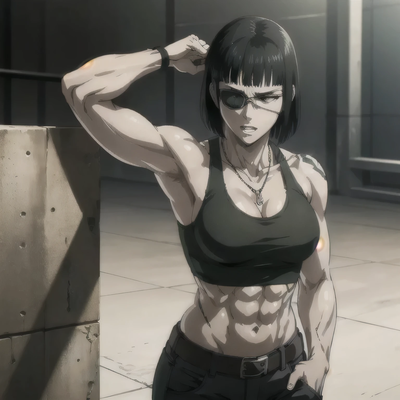(best quality,ultra-detailed,realistic:1.37),musclaur badass girl with sculpted body with preview her musclaur body and six-pack, full review of the female character's face and body, intense expression, strong and confident posture, studio lighting, vivid colors, physiologically-based rendering, grungy texture, rugged background, dust particles in the air, commanding presence, professional, powerful, gritty aesthetics,,Valmet،short hair,necklace,clean muscles،wearing military pants with belt and sport midriff tank top, tattoos on shoulders,clean clothes,Hands in pockets,sunglasses,Shining muscles,muscle protrusion,solo,eyepatch