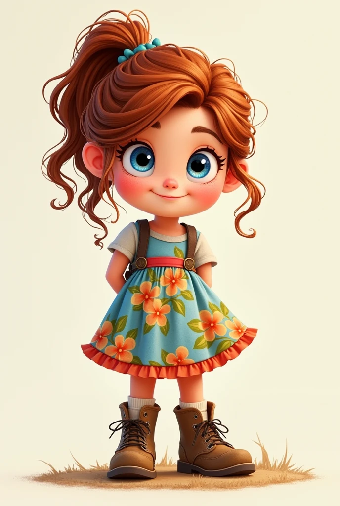 A curious , 7 years old, with a bright smile, big blue eyes, and wavy chestnut hair often tied up in a playful ponytail. She wears a colorful dress with a floral pattern and sturdy hiking boots.