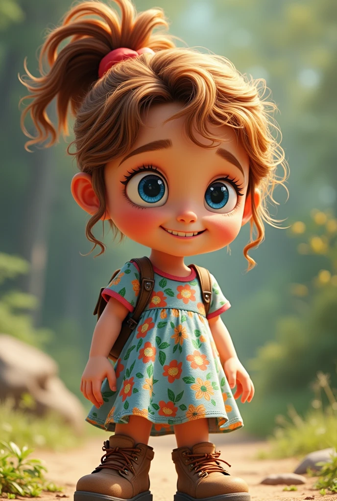 A curious , 7 years old, with a bright smile, big blue eyes, and wavy chestnut hair often tied up in a playful ponytail. She wears a colorful dress with a floral pattern and sturdy hiking boots.